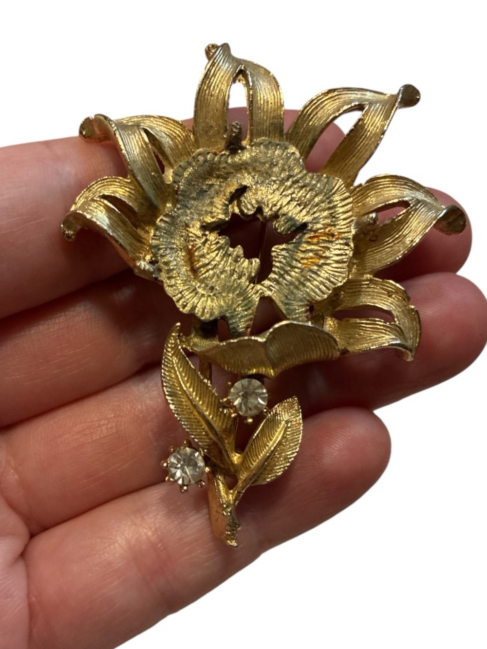 Vintage Coro Gold-Tone Floral Brooch with Rhinestone Accents